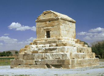 Tomb of Cyrus the Great, the First king of the Achaemenid dynasty, in the ruins of the ancient city of Pasargad, one of Iran's UNESCO world heritage sites.